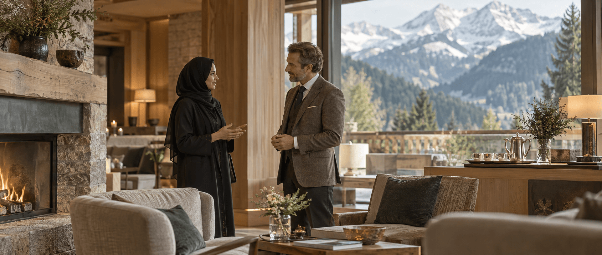 Saudi hospitality consultant and Austrian hotelier in a quiet alpine hotel setting